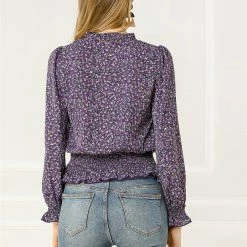 Allegra K Women's Smocked Puff Sleeve Ruffle Peplum Ditsy Floral Top Blouse