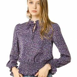 Allegra K Women's Smocked Puff Sleeve Ruffle Peplum Ditsy Floral Top Blouse