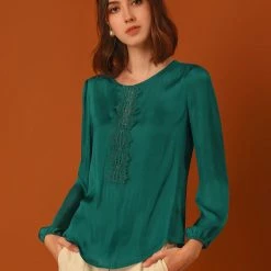 Allegra K Women's Satin Round Neck Blouse Retro Spring Long Sleeve Shirt Top