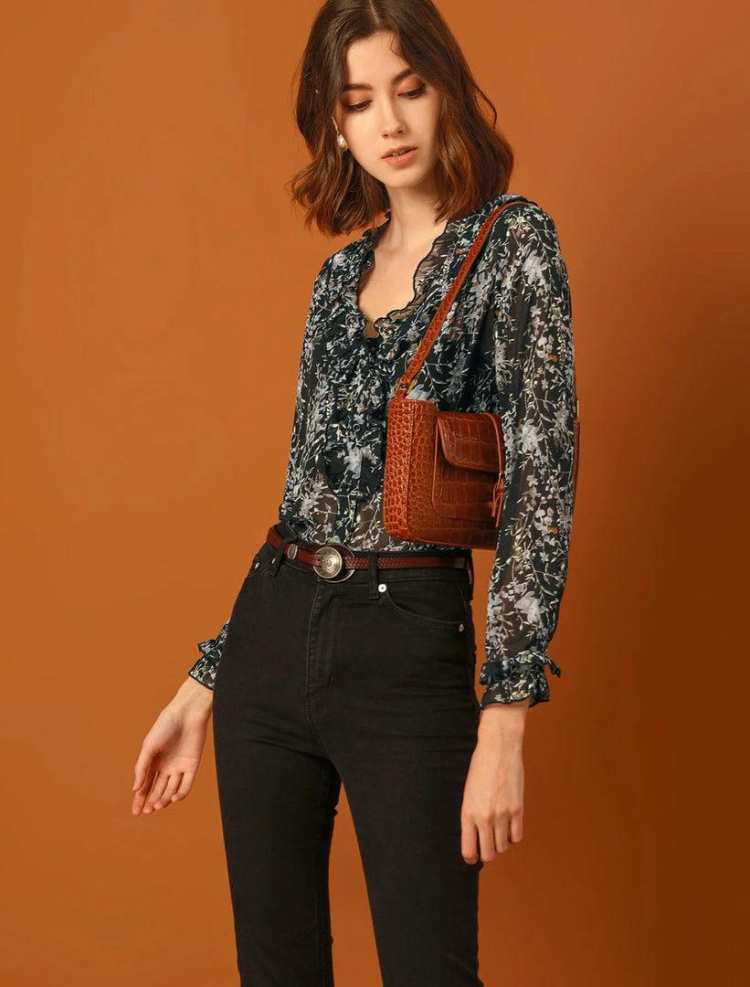 Allegra K Women's Vintage Puff Sleeve Button Down Ruffle V-neck Floral Printed Blouse Top 6 Allegra K Women's Vintage Puff Sleeve Button Down Ruffle V-neck Floral Printed Blouse Top