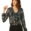Allegra K Women's Vintage Puff Sleeve Button Down Ruffle V-neck Floral Printed Blouse Top