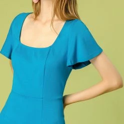 Allegra K Women's Square Neck Flutter Sleeve Ruffle Hem Dress