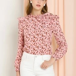 Allegra K Women's Side Bow Tie Neck Long Sleeve Ruffled Floral Blouse 28 Allegra K Women's Side Bow Tie Neck Long Sleeve Ruffled Floral Blouse