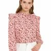 Allegra K Women's Side Bow Tie Neck Long Sleeve Ruffled Floral Blouse