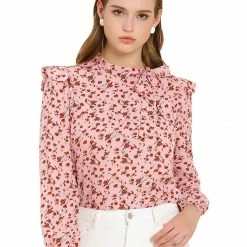 Allegra K Women's Side Bow Tie Neck Long Sleeve Ruffled Floral Blouse