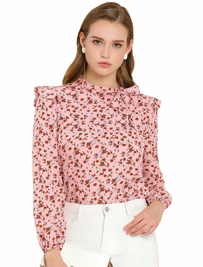 Allegra K Women's Side Bow Tie Neck Long Sleeve Ruffled Floral Blouse 3 Allegra K Women's Side Bow Tie Neck Long Sleeve Ruffled Floral Blouse