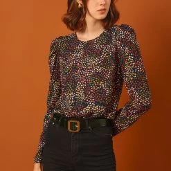 Allegra K Women's Puff Sleeve Top Retro Round Neck Puffy Blouse Tops