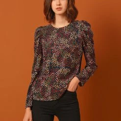 Allegra K Women's Puff Sleeve Top Retro Round Neck Puffy Blouse Tops