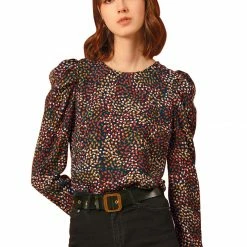 Allegra K Women's Puff Sleeve Top Retro Round Neck Puffy Blouse Tops