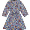 Allegra K Women's Floral Belted V Neck Half Placket Smocked Ruffle Cuff Dress