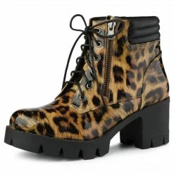 Allegra K Women's Leopard Printed Block Heels Combat Boots Shoes