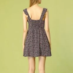 Allegra K Women's Summer Floral Printed Tassels Tie Neck A-Line Ruffle Spaghetti Strap Mini Dress