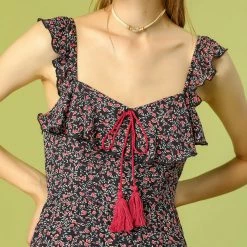 Allegra K Women's Summer Floral Printed Tassels Tie Neck A-Line Ruffle Spaghetti Strap Mini Dress