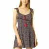 Allegra K Women's Summer Floral Printed Tassels Tie Neck A-Line Ruffle Spaghetti Strap Mini Dress