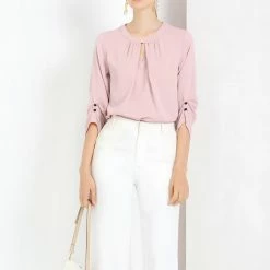 Allegra K Women's Round Neck Keyhole Pleated Shirred 3/4 Sleeve Work Top