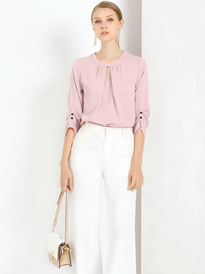 Allegra K Women's Round Neck Keyhole Pleated Shirred 3/4 Sleeve Work Top 4 Allegra K Women's Round Neck Keyhole Pleated Shirred 3/4 Sleeve Work Top