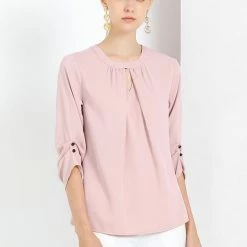 Allegra K Women's Round Neck Keyhole Pleated Shirred 3/4 Sleeve Work Top 28 Allegra K Women's Round Neck Keyhole Pleated Shirred 3/4 Sleeve Work Top