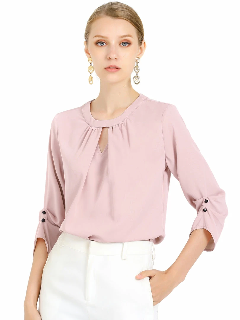Allegra K Women's Round Neck Keyhole Pleated Shirred 3/4 Sleeve Work Top 3 Allegra K Women's Round Neck Keyhole Pleated Shirred 3/4 Sleeve Work Top