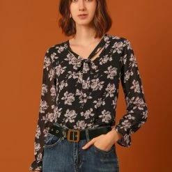 Allegra K Women's Floral Bow Tie Neck Long Sleeve Choker Chiffon Blouse Top
