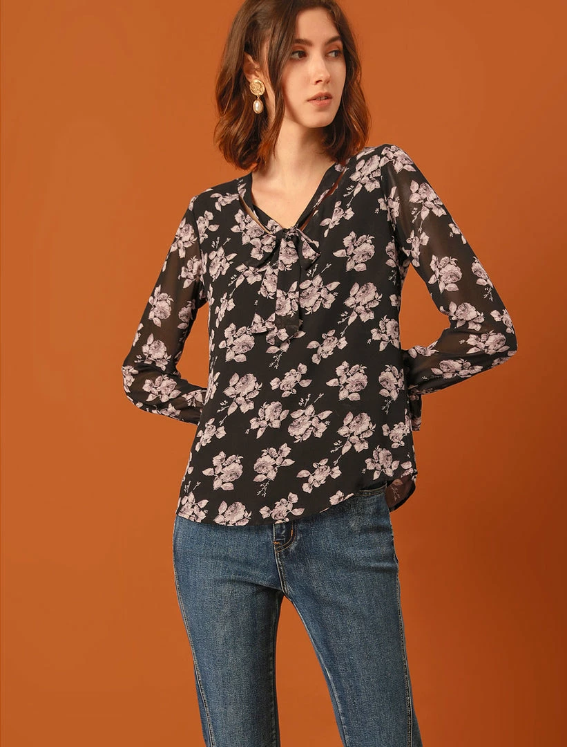 Allegra K Women's Floral Bow Tie Neck Long Sleeve Choker Chiffon Blouse Top 6 Allegra K Women's Floral Bow Tie Neck Long Sleeve Choker Chiffon Blouse Top