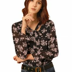 Allegra K Women's Floral Bow Tie Neck Long Sleeve Choker Chiffon Blouse Top