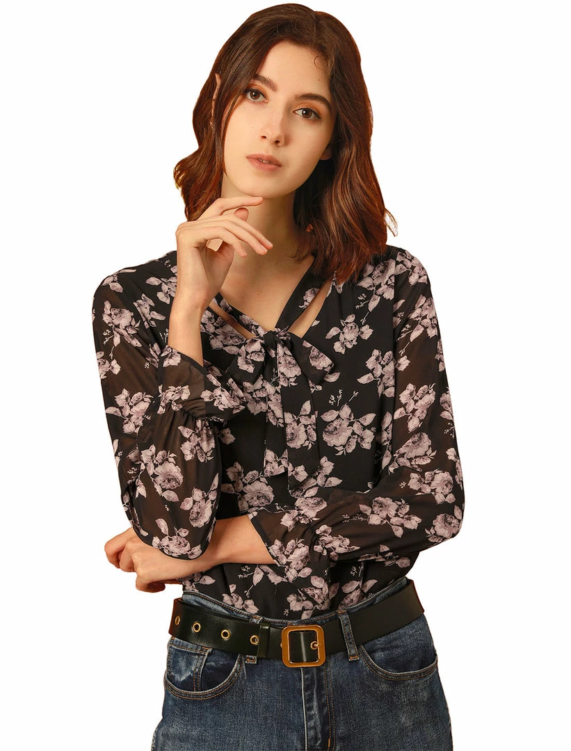 Allegra K Women's Floral Bow Tie Neck Long Sleeve Choker Chiffon Blouse Top 3 Allegra K Women's Floral Bow Tie Neck Long Sleeve Choker Chiffon Blouse Top