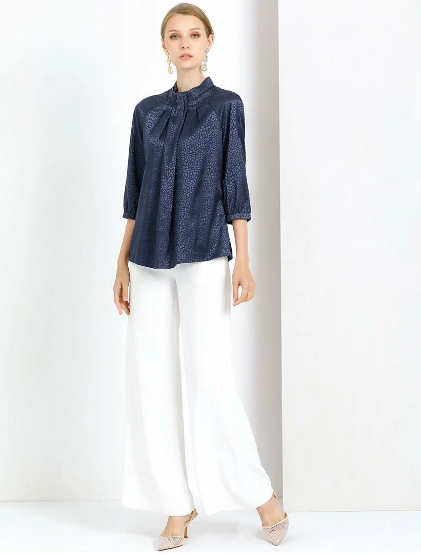 Allegra K Women's Elegant Satin 3/4 Sleeve Blouse Pleated High Collar Work Top 5 Allegra K Women's Elegant Satin 3/4 Sleeve Blouse Pleated High Collar Work Top