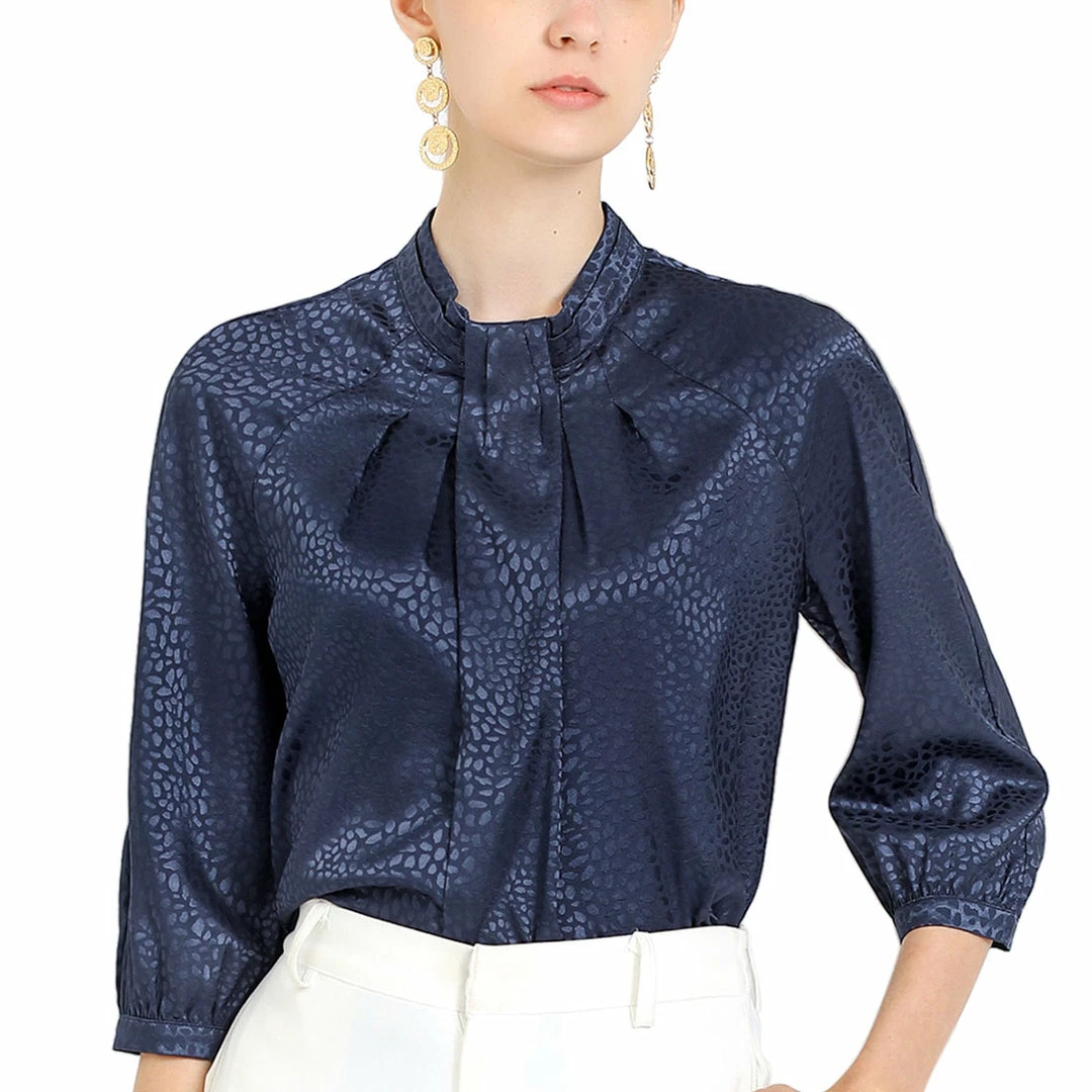 Allegra K Women's Elegant Satin 3/4 Sleeve Blouse Pleated High Collar Work Top 3 Allegra K Women's Elegant Satin 3/4 Sleeve Blouse Pleated High Collar Work Top