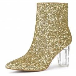 Allegra K Women's Clear Block Heel Glitter Ankle Boots Shoes
