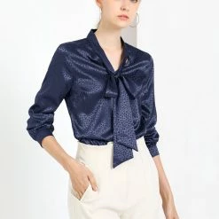 Allegra K Women's Irregular Dotted Work Casual Long Sleeve Tie Neck Blouse