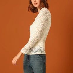 Allegra K Women's Lace Embroidery Semi Sheer Vintage Puff Sleeve Top