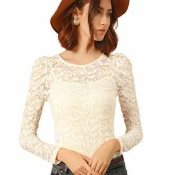 Allegra K Women's Lace Embroidery Semi Sheer Vintage Puff Sleeve Top