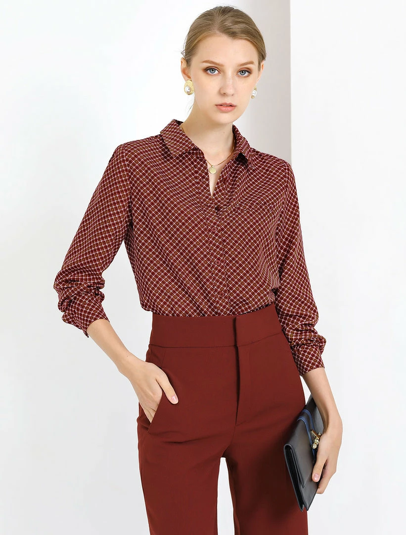 Allegra K Women's Plaid Collared Button Up Long Sleeve Office Work Shirt 5 Allegra K Women's Plaid Collared Button Up Long Sleeve Office Work Shirt