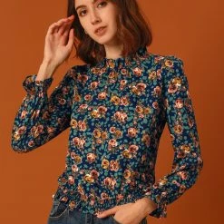 Allegra K Women's Smocked Waist Ruffled Hem Stand Collar Floral Dots Blouse