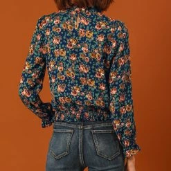 Allegra K Women's Smocked Waist Ruffled Hem Stand Collar Floral Dots Blouse