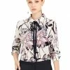 Allegra K Women's Floral Button Down Long Sleeves Tie Neck Work Office Shirt Blouse