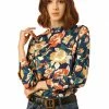 Allegra K Women's Vintage Bow Tie Neck Button Back Long Sleeve Floral Blouse
