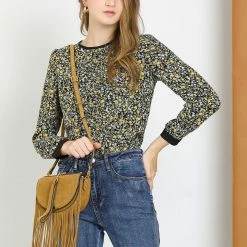 Allegra K Women's Vintage Puff Sleeve Button Down Back Contrast Color Floral Printed Blouse Top