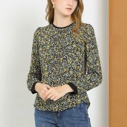Allegra K Women's Vintage Puff Sleeve Button Down Back Contrast Color Floral Printed Blouse Top