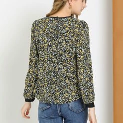 Allegra K Women's Vintage Puff Sleeve Button Down Back Contrast Color Floral Printed Blouse Top