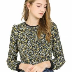 Allegra K Women's Vintage Puff Sleeve Button Down Back Contrast Color Floral Printed Blouse Top