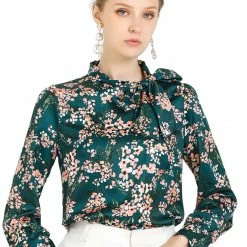 Allegra K Women's Bow Tie Neck Puff Sleeve Blouse Floral Ruffle Elegant Work Top