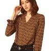 Allegra K Women's Ruffle V Neck Geometric Print Puff Sleeve Top