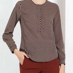 Allegra K Women's Geometric Print Round Neck Top Concealed Placket Work Blouse