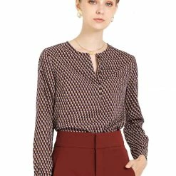 Allegra K Women's Geometric Print Round Neck Top Concealed Placket Work Blouse