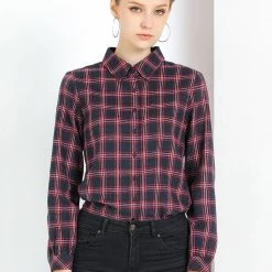 Allegra K Women's Plaid Button Down Turndown Collar Relaxed Long Sleeve Shirt