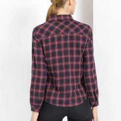 Allegra K Women's Plaid Button Down Turndown Collar Relaxed Long Sleeve Shirt