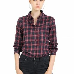 Allegra K Women's Plaid Button Down Turndown Collar Relaxed Long Sleeve Shirt