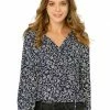 Allegra K Women's Rustic Tie Neck Leaves Printed Ruffle Cuffs Long Sleeve Peasant Top