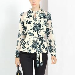 Allegra K Women's Elegant Work Shirts Long Raglan Sleeve Collared Tops Floral Peplum Blouses